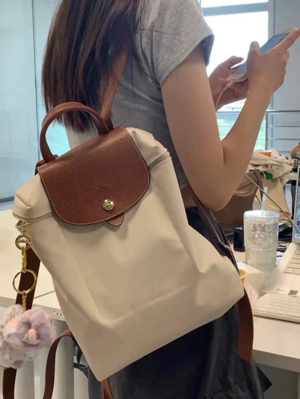 ✨ Longchamp Le Pliage Beige Nylon Leather Trim Backpack